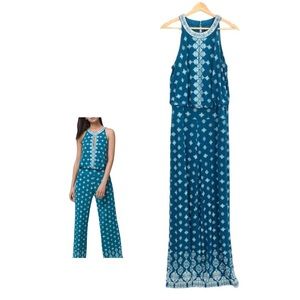 White House Black Market Teal Blue Printed Knit High Collar Jumpsuit Size Medium